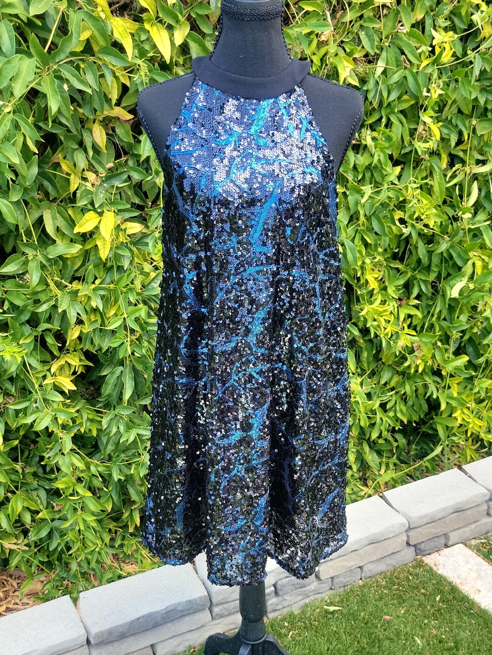 Navy And Black Sequined Halter Mini Dress M